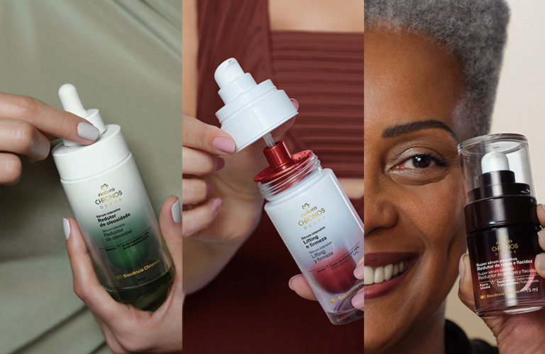 Collage con el sérum sérum intensivo lifting y firmeza, y el sérum intensivo multiaclarador, además de un close up modelo de edad sosteniendo el super sérum reductor de arrugas.